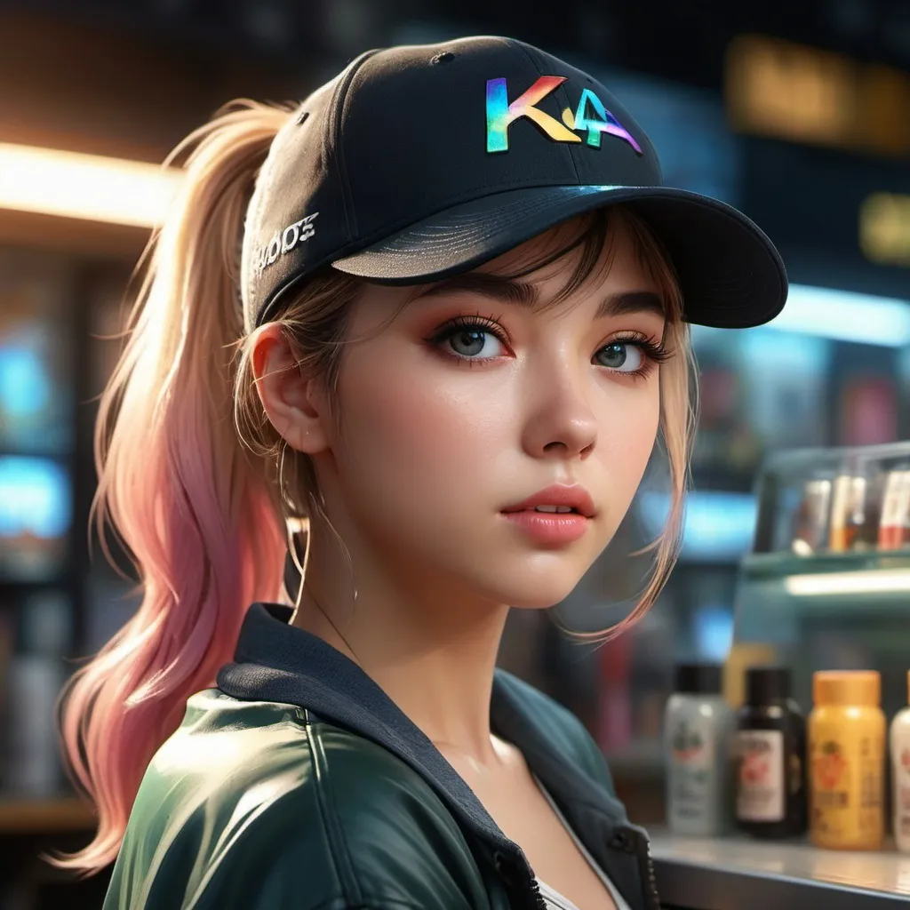 Prompt: Young woman, ponytail black with rainbow watercolor highlights mossy pink gold eyes, a baseball cap placed carelessly on her head ((K/DA)). She has her head resting on one hand. She has black makeup, with black kohl. She is behind the counter of a geek store. She seems to be deeply bored, her hand holds her head. Dark atmosphere, old shop. She has a badge with her name, "Lucy". Flawless text , parted bangs. 4D. 300k, 50mm, f/1.4, sharp focus, reflections, high-quality background , UHD, sharp focus, reflections, high-quality background illustration by Marc Simonetti Carne Griffiths, Conrad Roset, 3D anime girl, Full HD render + immense detail + dramatic lighting + well lit + fine | ultra - detailed realism, full body art, lighting, high - quality, engraved, ((photorealistic)), ((hyperrealistic)), ((perfect eyes)), ((perfect skin)), ((perfect hair)), ((perfect shadow)), ((perfect light)) 800k UHD 100mm. 4D. 300k, 50mm, f/1.4, sharp focus, reflections, high-quality background , UHD, sharp focus, reflections, high-quality background illustration by Marc Simonetti Carne Griffiths, Conrad Roset, 3D anime girl, Full HD render + immense detail + dramatic lighting + well lit + fine | ultra - detailed realism, full body art, lighting, high - quality, engraved, ((photorealistic)), ((hyperrealistic)), ((perfect eyes)), ((perfect skin)), ((perfect hair)), ((perfect shadow)), ((perfect light))