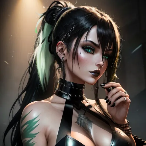 Prompt: a metalhead woman with long black ponytail hair with green highlights, rock makeup and opaque black 
Matte lips, green eyes metalhead clothes with metal chains black skirt big D cup long black nails, finger chain, tattoo, rock ear piercing 
Carne Griffiths, Conrad Roset, 3D anime girl, Full HD render + immense detail + dramatic lighting + well lit + fine | ultra - detailed realism, full body art, lighting, high - quality, engraved, ((photorealistic)), ((hyperrealistic)), ((perfect eyes)), ((perfect skin)), ((perfect hair)), ((perfect shadow)), ((perfect light))