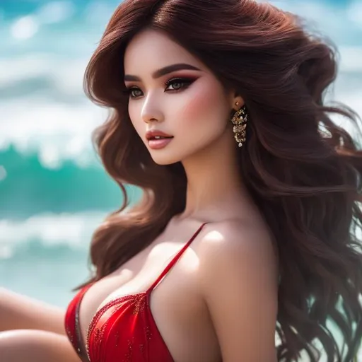 Prompt: 1 women , red  cherry long hair , make-up  , swimwear , sea , beach , water with waves , portrait

heavenly beauty, 128k, 50mm, f/1. 4, high detail, sharp focus, perfect anatomy, highly detailed, detailed and high quality background, oil painting, digital painting, Trending on artstation, UHD, 128K, quality, Big Eyes, artgerm, highest quality stylized character concept masterpiece, award winning digital 3d, hyper-realistic, intricate, 128K, UHD, HDR, image of a gorgeous, beautiful, dirty, highly detailed face, hyper-realistic facial features, cinematic 3D volumetric, illustration by Marc Simonetti, Carne Griffiths, Conrad Roset, 3D anime girl, Full HD render + immense detail + dramatic lighting + well lit + fine | ultra - detailed realism, full body art, lighting, high - quality, engraved, ((photorealistic)), ((hyperrealistic)),  ((perfect eyes)), ((perfect skin)), ((perfect hair))