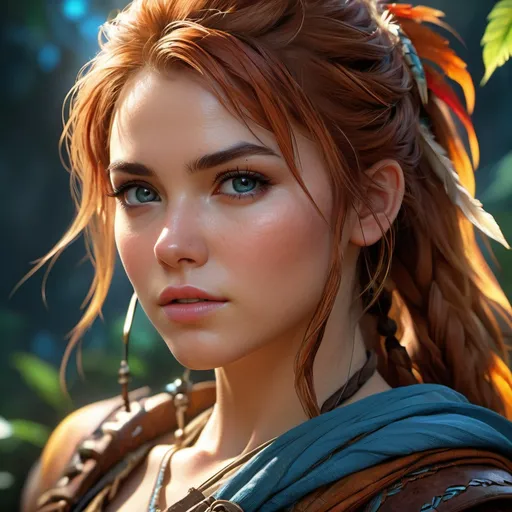 Prompt: Create an artistic illustration of Aloy in action, equipped with her bow and arrows, exploring the vast wilds of the Forbidden West. It is surrounded by formidable machines and breathtaking natural landscapes. The style should capture the character's strength and determination, while paying homage to the game's unique and vibrant aesthetic. ,wore, face, UHD , 300K , 50mm, f/1.4, sharp focus, reflections, high-quality background , UHD, sharp focus, reflections, high-quality background illustration by Marc Simonetti Carne Griffiths, Conrad Roset, 3D anime girl, Full HD render + immense detail + dramatic lighting + well lit + fine | ultra - detailed realism, full body art, lighting, high - quality, engraved, ((photorealistic)), ((hyperrealistic)), ((perfect eyes)), ((perfect skin)), ((perfect hair)), ((perfect shadow)), ((perfect light)) 800k UHD 100mm. 4D. 300k, 50mm, f/1.4, sharp focus, reflections, high-quality background , UHD, sharp focus, reflections, high-quality background illustration by Marc Simonetti Carne Griffiths, Conrad Roset, 3D anime girl, Full HD render + immense detail + dramatic lighting + well lit + fine | ultra - detailed realism, full body art, lighting, high - quality, engraved, ((photorealistic)), ((hyperrealistic)), ((perfect eyes)), ((perfect skin)), ((perfect hair)), ((perfect shadow)), ((perfect light))