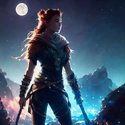 Prompt: full body , Aloy  ,  night background with a moon , perfect composition, hyperrealistic, super detailed, 8k, high quality , illustration by Marc Simonetti, Carne Griffiths, Conrad Roset, Full HD render + immense detail + dramatic lighting + well lit + fine | ultra - detailed realism, full body art, lighting, high - quality, engraved, ((photorealistic)), ((hyperdetailed white eyes)) and beautiful hyperdetailed feminine attractive face and nose and big lips, perfect  red shy blush with smile, backlit, ((intricately hyperdetailed )) ,  hyperrealistic, sharp focus, glamour, volumetric studio lighting, triadic colors,  beauty, sensual feminine romance, professional, sensual feminine, perfect composition, unreal engine 8k octane