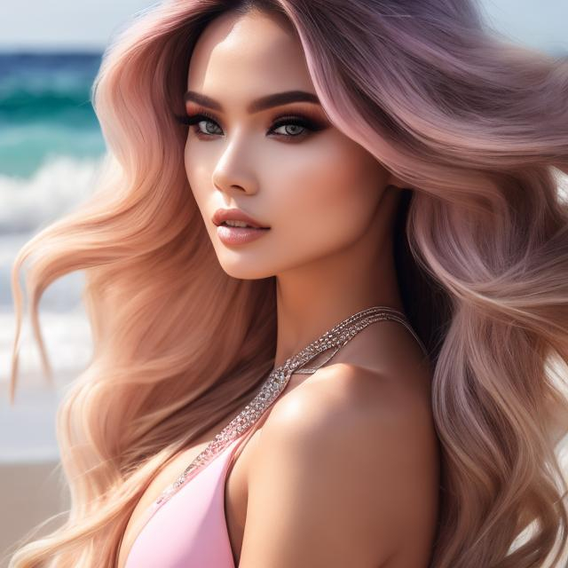 Prompt: 1 women , pink long hair , make-up  , swimwear , sea , beach , water with waves , portrait

heavenly beauty, 128k, 50mm, f/1. 4, high detail, sharp focus, perfect anatomy, highly detailed, detailed and high quality background, oil painting, digital painting, Trending on artstation, UHD, 128K, quality, Big Eyes, artgerm, highest quality stylized character concept masterpiece, award winning digital 3d, hyper-realistic, intricate, 128K, UHD, HDR, image of a gorgeous, beautiful, dirty, highly detailed face, hyper-realistic facial features, cinematic 3D volumetric, illustration by Marc Simonetti, Carne Griffiths, Conrad Roset, 3D anime girl, Full HD render + immense detail + dramatic lighting + well lit + fine | ultra - detailed realism, full body art, lighting, high - quality, engraved, ((photorealistic)), ((hyperrealistic)),  ((perfect eyes)), ((perfect skin)), ((perfect hair))