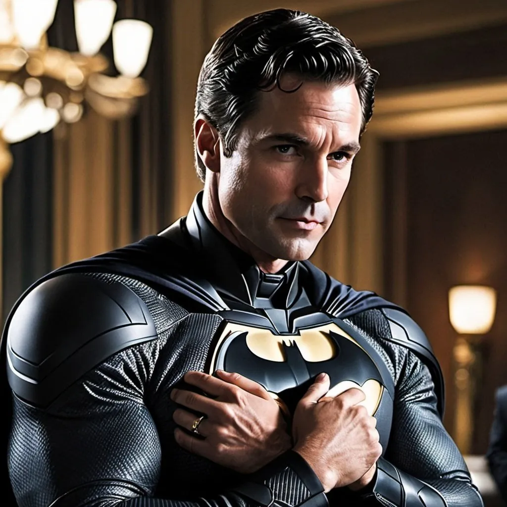 Prompt: créer moi une image de bruce wayne (en milliardaire) qui fait un calin a robine