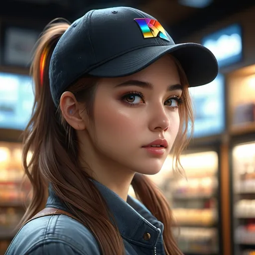 Prompt: Young woman, ponytail black with rainbow highlights mossy yellow gold eyes, a baseball cap placed carelessly on her head ((K/DA)). She has her head resting on one hand. She has black makeup, with black kohl. She is behind the counter of a geek store. She seems to be deeply bored, her hand holds her head. Dark atmosphere, old shop. She has a badge with her name, "Lucy". Flawless text , parted bangs. 4D. 300k, 50mm, f/1.4, sharp focus, reflections, high-quality background , UHD, sharp focus, reflections, high-quality background illustration by Marc Simonetti Carne Griffiths, Conrad Roset, 3D anime girl, Full HD render + immense detail + dramatic lighting + well lit + fine | ultra - detailed realism, full body art, lighting, high - quality, engraved, ((photorealistic)), ((hyperrealistic)), ((perfect eyes)), ((perfect skin)), ((perfect hair)), ((perfect shadow)), ((perfect light)) 800k UHD 100mm. 4D. 300k, 50mm, f/1.4, sharp focus, reflections, high-quality background , UHD, sharp focus, reflections, high-quality background illustration by Marc Simonetti Carne Griffiths, Conrad Roset, 3D anime girl, Full HD render + immense detail + dramatic lighting + well lit + fine | ultra - detailed realism, full body art, lighting, high - quality, engraved, ((photorealistic)), ((hyperrealistic)), ((perfect eyes)), ((perfect skin)), ((perfect hair)), ((perfect shadow)), ((perfect light))