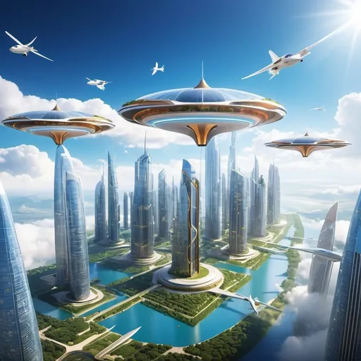 Prompt: Design a flying city in the sky, powered by advanced technologies and renewable energy.
