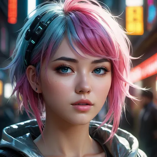 Prompt: Imagine a cyberpunk manga girl with neon hair, and a futuristic outfit. She stands in a dark alley in the city, lit by neon lights and advertising holograms. The atmosphere is full of mystery and adventure, reflecting a world where technology and humanity intersect in complex ways. The style should be dynamic and rich in detail, capturing the essence of the cyberpunk genre ,wore, face, UHD , 300K , 50mm, f/1.4, sharp focus, reflections, high-quality background , UHD, sharp focus, reflections, high-quality background illustration by Marc Simonetti Carne Griffiths, Conrad Roset, 3D anime girl, Full HD render + immense detail + dramatic lighting + well lit + fine | ultra - detailed realism, full body art, lighting, high - quality, engraved, ((photorealistic)), ((hyperrealistic)), ((perfect eyes)), ((perfect skin)), ((perfect hair)), ((perfect shadow)), ((perfect light)) 800k UHD 100mm. 4D. 300k, 50mm, f/1.4, sharp focus, reflections, high-quality background , UHD, sharp focus, reflections, high-quality background illustration by Marc Simonetti Carne Griffiths, Conrad Roset, 3D anime girl, Full HD render + immense detail + dramatic lighting + well lit + fine | ultra - detailed realism, full body art, lighting, high - quality, engraved, ((photorealistic)), ((hyperrealistic)), ((perfect eyes)), ((perfect skin)), ((perfect hair)), ((perfect shadow)), ((perfect light))