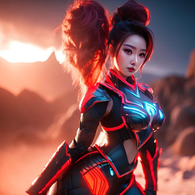 Prompt: white and black light armor with big cleavage , big ponytail hair , red gradient hair , orange gradient eye ,  android 