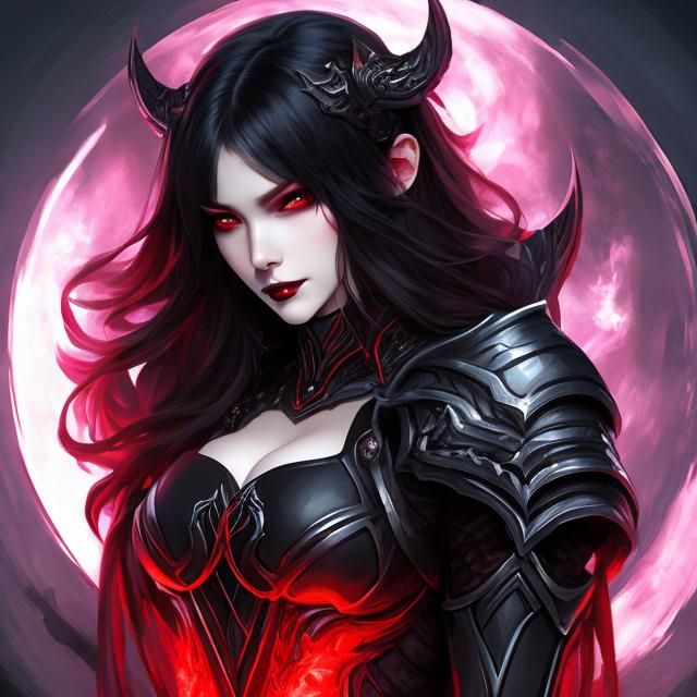 Prompt: girl , hell, demon, 20 years old, 
light armor with big cleavage ,long ponytail red hair with black highlights, black conjunctiva with red iris, goth clothe , elbow on knees hands together, seatting on a the hell throne, parted bangs, ethereal, royal vibe, highly detailed, digital painting, Trending on artstation, Big Eyes, artgerm, highest quality stylized character concept masterpiece, award winning digital 3d oil painting art, hyper-realistic, intricate, 64k, UHD, HDR, image of a gorgeous, beautiful, dirty, highly detailed face, hyper-realistic facial features, perfect anatomy in perfect composition of professional, long shot, sharp focus photography, cinematic 3d volumetric