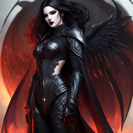 Prompt: women , hell, vampire ,  20 years old, light armor with big cleavage ,long  black hair with white highlights, gradient golden iris , goth clothe , cape , moon, elbow on knees hands together, seatting on a the hell throne, parted bangs, ethereal, royal vibe, highly detailed, digital painting, Trending on artstation, Big Eyes, artgerm, highest quality stylized character concept masterpiece, award winning digital 3d oil painting art, hyper-realistic, intricate, 64k, UHD, HDR, image of a gorgeous, beautiful, dirty, highly detailed face, hyper-realistic facial features, perfect anatomy in perfect composition of professional, long shot, sharp focus photography, cinematic 3d volumetric