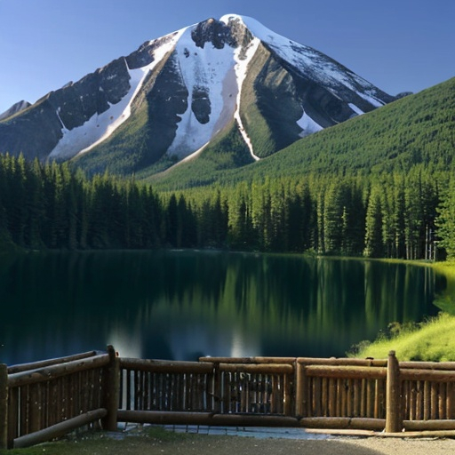 Prompt: a mountain with a lake and a forest around wooden barriers