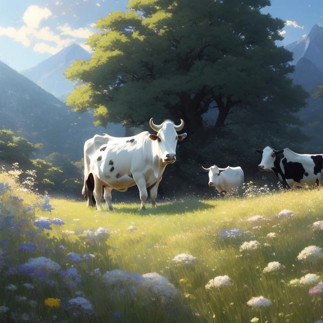 Prompt: 1 house with green meadow, mountain, white and black cows 

Illustration by Makoto shinkai.

heavenly beauty, 128k, 50mm, f/1. 4, high detail, sharp focus, highly detailed, detailed and high quality background, oil painting, digital painting, Trending on artstation, UHD, 128K, quality, artgerm, highest quality stylized concept masterpiece, award winning digital 3d, hyper-realistic, intricate, 128K, UHD, HDR, image of a gorgeous, beautiful, dirty, highly detailed , hyper-realistic  features, cinematic 3D volumetric, Full HD render + immense detail + dramatic lighting + well lit + fine | ultra - detailed realism, lighting, high - quality, engraved, ((photorealistic)), ((hyperrealistic))