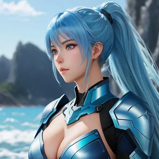 Prompt: girl , light armor with big cleavage   , blue océan gradient hair , long ponytail , blue pastel eye , futurist armor 

Illustration by Makoto shinkai.

heavenly beauty, 128k, 50mm, f/1. 4, high detail, sharp focus, perfect anatomy, highly detailed, detailed and high quality background, oil painting, digital painting, Trending on artstation, UHD, 128K, quality, Big Eyes, artgerm, highest quality stylized character concept masterpiece, award winning digital 3d, hyper-realistic, intricate, 128K, UHD, HDR, image of a gorgeous, beautiful, dirty, highly detailed face, hyper-realistic facial features, cinematic 3D volumetric,  3D anime girl, Full HD render + immense detail + dramatic lighting + well lit + fine | ultra - detailed realism, full body art, lighting, high - quality, engraved, ((photorealistic)), ((hyperrealistic))