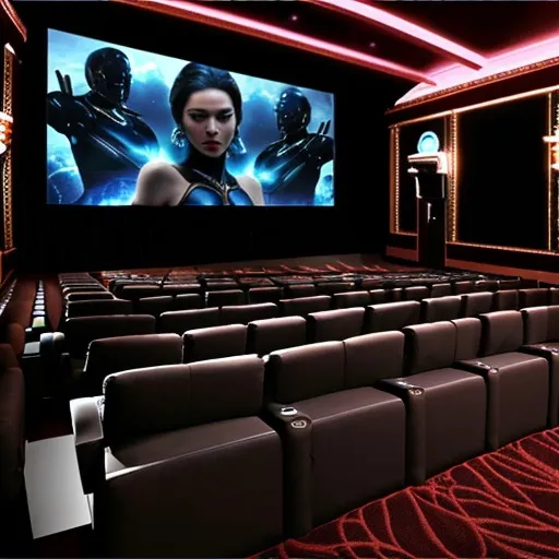 Prompt: luxurious futurist movie theater with screen 
