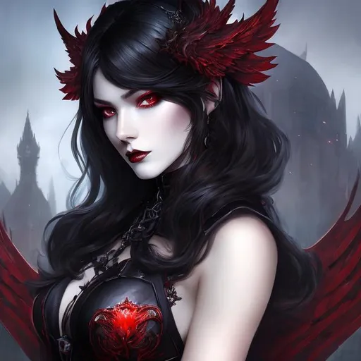 Prompt: girl , hell, demon, 20 years old, 
light armor with big cleavage ,long red hair with black highlights, black conjunctiva with red iris, goth clothe , elbow on knees hands together, seatting on a the hell throne, parted bangs, ethereal, royal vibe, highly detailed, digital painting, Trending on artstation, Big Eyes, artgerm, highest quality stylized character concept masterpiece, award winning digital 3d oil painting art, hyper-realistic, intricate, 64k, UHD, HDR, image of a gorgeous, beautiful, dirty, highly detailed face, hyper-realistic facial features, perfect anatomy in perfect composition of professional, long shot, sharp focus photography, cinematic 3d volumetric