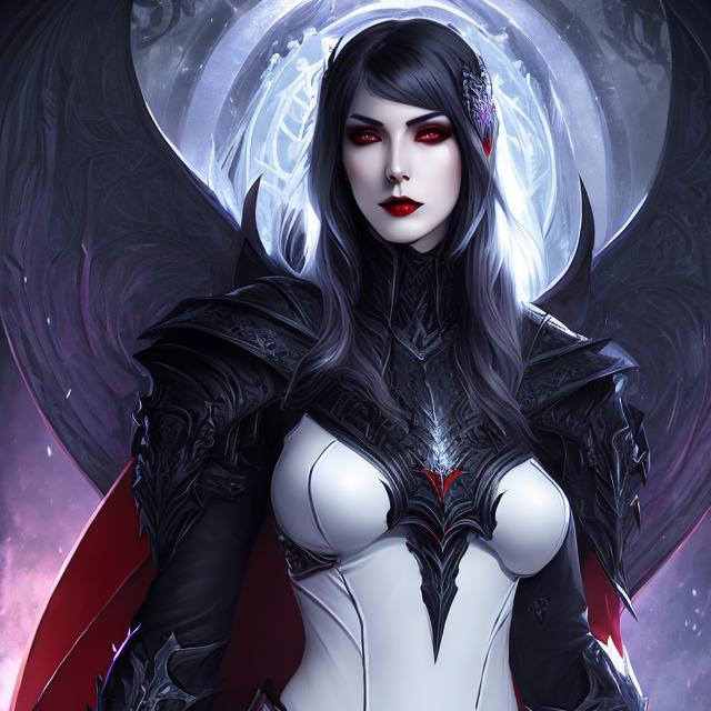 Prompt: women , hell, vampire ,  20 years old, light armor with big cleavage ,long  black hair with white highlights, gradient red iris , goth clothe , cape , moon, elbow on knees hands together, seatting on a the hell throne, parted bangs, ethereal, royal vibe, highly detailed, digital painting, Trending on artstation, Big Eyes, artgerm, highest quality stylized character concept masterpiece, award winning digital 3d oil painting art, hyper-realistic, intricate, 64k, UHD, HDR, image of a gorgeous, beautiful, dirty, highly detailed face, hyper-realistic facial features, perfect anatomy in perfect composition of professional, long shot, sharp focus photography, cinematic 3d volumetric