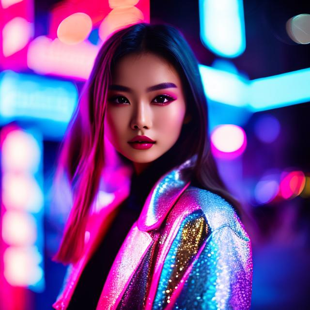 Prompt: Photo, portrait, very close up, 1girl, dark brown hair with light brown highlight, lipstick gloss, crouching in a narrow street, illuminated by neon lights at night, in front of a night club, looking directly at the camera, low-angle shot, heavenly beauty, 8k, 50mm, f/1. 4, high detail, sharp focus, perfect anatomy, highly detailed, detailed and high quality background, oil painting, digital painting, Trending on artstation, UHD, 128K, quality, Big Eyes, artgerm, highest quality stylized character concept masterpiece, award winning digital 3d, hyper-realistic, intricate, 128K, UHD, HDR, image of a gorgeous, beautiful, dirty, highly detailed face, hyper-realistic facial features, cinematic 3D volumetric, illustration by Marc Simonetti, Carne Griffiths, Conrad Roset, 3D anime girl, Full HD render + immense detail + dramatic lighting + well lit + fine | ultra - detailed realism, full body art, lighting, high - quality, engraved |