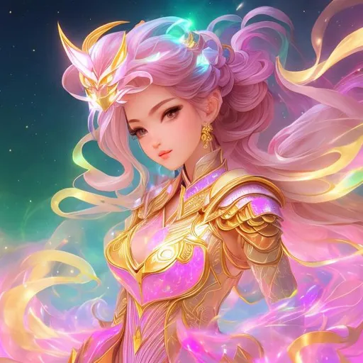 Prompt: women , light armor with big cleavage , lemon ponytail hair , gold  eye  , holographic outfit
, kitsune holographic tail

full color fractal Formula: z² + c + (z² + c) / (3z³ + c) background in voronoi sky and phoenix,  1little woman,(masterpiece, illustration, best quality:1.5), insanely beautiful black ice SKADI little woman, ice blue body painting, global illumination, finely detailed, beautiful defined detailed face, beautiful detailed eyes, beautiful detailed shading, highly Detailed body, finely detailed, (3_ice_crystal_halos), tilted halos, full body, body lightly covered with frost, frosty wild hair, ice elements, ice particles, snowy and icy atmosphere, , full body focus, beautifully detailed background, cinematic, 64K, UHD, by Li Yue

Illustration by Makoto shinkai.

heavenly beauty, 128k, 50mm, f/1. 4, high detail, sharp focus, perfect anatomy, highly detailed, detailed and high quality background, oil painting, digital painting, Trending on artstation, UHD, 128K, quality, Big Eyes, artgerm, highest quality stylized character concept masterpiece, award winning digital 3d, hyper-realistic, intricate, 128K, UHD, HDR, image of a gorgeous, beautiful, dirty, highly detailed face, hyper-realistic facial features, cinematic 3D volumetric,  3D anime girl, Full HD render + immense detail + dramatic lighting + well lit + fine | ultra - detailed realism, full body art, lighting, high - quality, engraved, ((photorealistic)), ((hyperrealistic))
