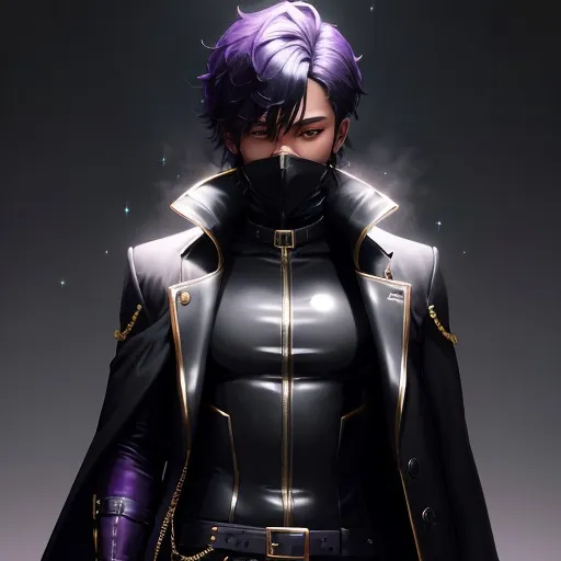 Prompt: HE is an ebony slime bodysuit, styled like a turn-up collar overcoat. Gold and purple borders adorn a dark jacket, shirt, pants and high boots. A long hood casts a shadow to hide the upper half of Cid's face. The only visible facial features are his mouth and the sparkle of his red eyes.