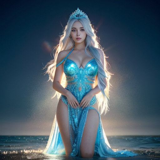 Prompt: A beautiful 15 ft tall 20 year old ((america)) Water elemental Queen with light skin and a beautiful face. She has long white hair and white eyebrows. She wears a beautiful slim blue dress. She has brightly glowing blue eyes and water droplet shaped pupils. She wears a blue tiara on her head. She has a blue aura around her. She is using blue water magic in battle against a giant monster at the beach. Epic battle scene. Full body art. {{{{high quality art}}}} ((goddess)). Illustration. Concept art. Symmetrical face. Digital. Perfectly drawn. A cool background.beautiful intricate colored white hair, symmetrical, anime wide eyes, soft lighting, detailed face, by makoto shinkai, stanley artgerm lau, wlop, rossdraws, , looking into camera Heavenly beauty, 256k, 100cm, f/1. 10, high detail, sharp focus, perfect anatomy, highly detailed, detailed and high quality background, oil painting, digital painting, Trending on artstation, UHD, 128K, quality, Big Eyes, artgerm, highest quality stylized character concept masterpiece, award winning digital 3d, hyper-realistic, intricate, 256K, UHD, HDR, image of a gorgeous, beautiful, dirty, highly detailed face, hyper-realistic facial features, cinematic 4D volumetric,ultrarealistic, perfect face, ultrafuturistic background heavenly beauty, 256k, 100cm, f/1. 10, high detail, sharp focus, perfect anatomy, highly detailed, detailed and high quality background, digital painting, Trending on artstation, UHD, 128K, quality, Big Eyes, artgerm, highest quality stylized character concept masterpiece, award winning digital 4d, hyper-realistic, intricate, 256K, UHD, HDR, image of a gorgeous, beautiful, dirty, highly detailed face, hyper-realistic facial features, cinematic 4D volumetric, 4D anime girl, Full HD render + immense detail + dramatic lighting + well lit + fine | ultra - detailed realism, full body art, lighting, high - quality, engraved, ((photorealistic)), ((hyperrealistic))