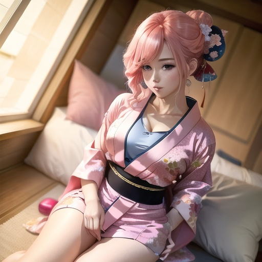 Prompt: a woman ((manga)) pink hair good anatomy pyjamas summer ((style kimono))