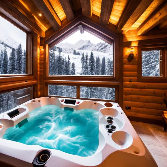 Prompt: Capture a precise, professional-grade in the highest possible quality photography chalet with a jacuzzi interior window with view of a snowy mountain