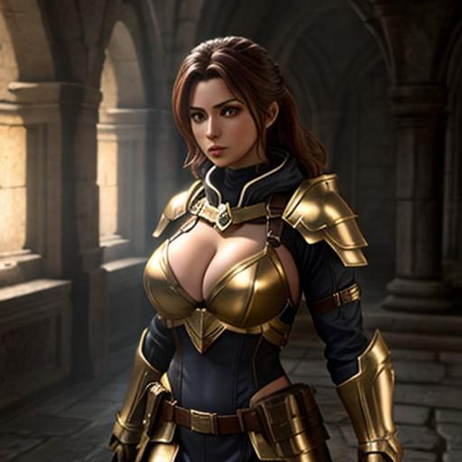 Prompt: girl , light armor with big cleavage , explorer outfit , magic effet , golden eye , dual-guns