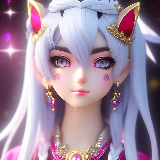 Prompt: paimon((genshin impact )) , professional-grade in the highest possible quality photography of a magical girl with white hair She has white hair styled in two exquisite braid, ((black ombre white hair)), tied with kawaii hairpins. She have red eyes. She has a few freckles on her nose, and large, bright eyes. She is in an idol pose with magical girl costume. smiling to the camera heavenly beauty, 128k, 50mm, f/1. 4, high detail, sharp focus, perfect anatomy, highly detailed, detailed and high quality background, oil painting, digital painting, Trending on artstation, UHD, 128K, quality, Big Eyes, artgerm, highest quality stylized character concept masterpiece, award winning digital 3d, hyper-realistic, intricate, 128K, UHD, HDR, image of a gorgeous, beautiful, dirty, highly detailed face, hyper-realistic facial features, cinematic 3D volumetric, illustration by Marc Simonetti, Carne Griffiths, Conrad Roset, 3D anime girl, Full HD render + immense detail + dramatic lighting + well lit + fine | ultra - detailed realism, full body art, lighting, high - quality, engraved, ((photorealistic)), ((hyperrealistic)), ((perfect eyes)), ((perfect skin)), ((perfect hair)) highly detailed, detailed and high quality background, oil painting, digital painting, Trending on artstation , UHD, 128K, quality, Big Eyes, artgerm, highest quality stylized character concept masterpiece, award winning digital 3d, hyper-realistic, intricate, 128K, UHD, HDR, image of a gorgeous, beautiful, dirty, highly detailed face, hyper-realistic facial features, cinematic 3D volumetric