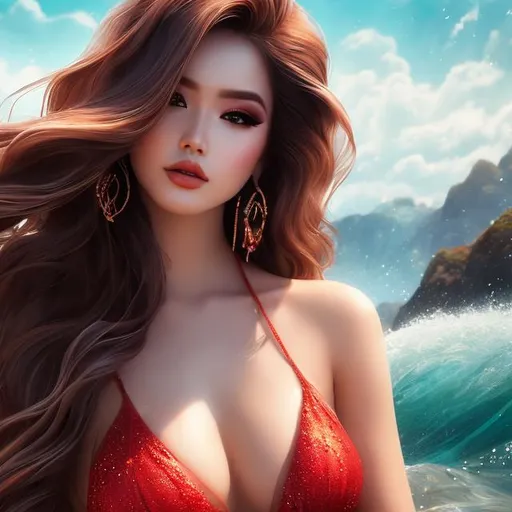 Prompt: 1 women , red  cherry long hair , make-up  , swimwear , sea , beach , water with waves , portrait

heavenly beauty, 128k, 50mm, f/1. 4, high detail, sharp focus, perfect anatomy, highly detailed, detailed and high quality background, oil painting, digital painting, Trending on artstation, UHD, 128K, quality, Big Eyes, artgerm, highest quality stylized character concept masterpiece, award winning digital 3d, hyper-realistic, intricate, 128K, UHD, HDR, image of a gorgeous, beautiful, dirty, highly detailed face, hyper-realistic facial features, cinematic 3D volumetric, illustration by Marc Simonetti, Carne Griffiths, Conrad Roset, 3D anime girl, Full HD render + immense detail + dramatic lighting + well lit + fine | ultra - detailed realism, full body art, lighting, high - quality, engraved, ((photorealistic)), ((hyperrealistic)),  ((perfect eyes)), ((perfect skin)), ((perfect hair))
