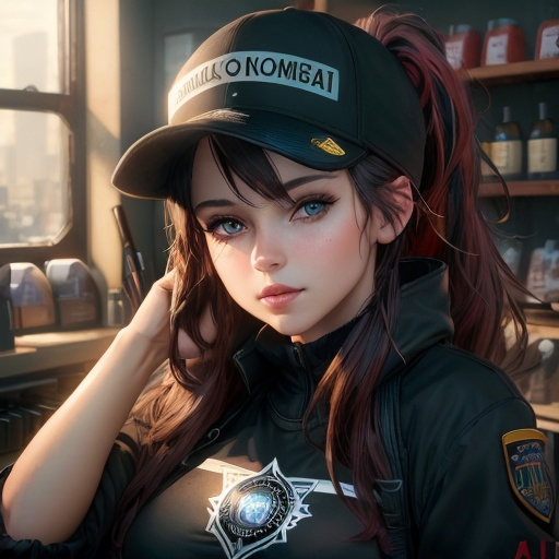 Prompt: Young woman, ponytail black with 
red highlights mossy goldy eyes, a baseball cap placed carelessly on her head. She has her head resting on one hand. She has black makeup, with black kohl. She is behind the counter of a geek store. She seems to be deeply bored, her hand holds her head. Dark atmosphere, old shop. She has a badge with her name, "Lucy". Flawless text. 4D. 300k, 50mm, f/1.4, sharp focus, reflections, high-quality background , UHD, sharp focus, reflections, high-quality background
illustration by Marc Simonetti Carne Griffiths, Conrad Roset, 3D anime girl, Full HD render + immense detail + dramatic lighting + well lit + fine | ultra - detailed realism, full body art, lighting, high - quality, engraved, ((photorealistic)), ((hyperrealistic)), ((perfect eyes)), ((perfect skin)), ((perfect hair)), ((perfect shadow)), ((perfect light))