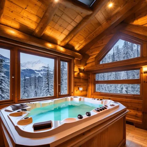 Prompt: Capture a precise, professional-grade in the highest possible quality photography chalet with a jacuzzi interior window with view of a snowy mountain