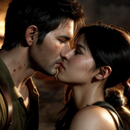 Prompt: nathan drake , uncharted , Chloe Frazer , kissing