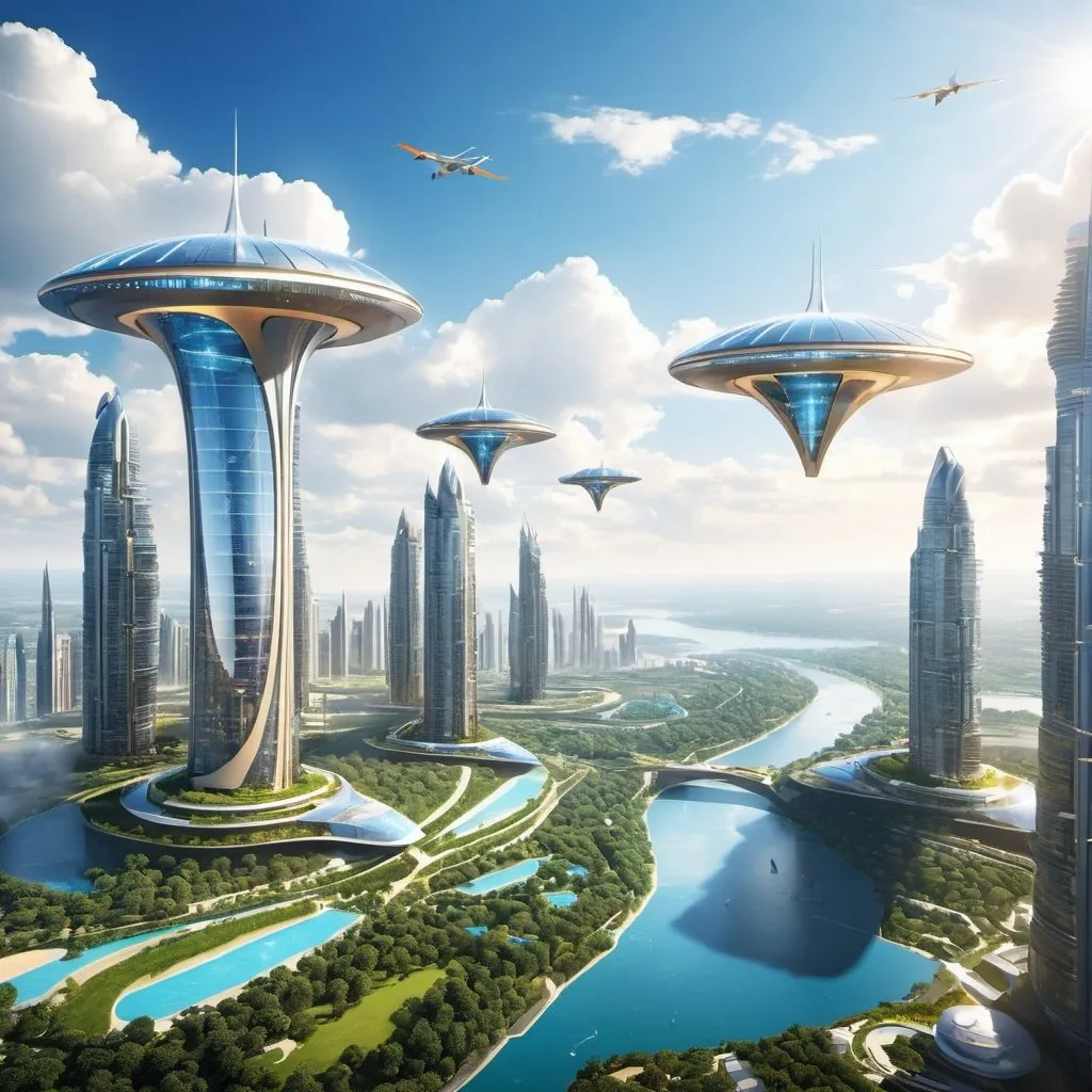 Prompt: Design a flying city in the sky, powered by advanced technologies and renewable energy.