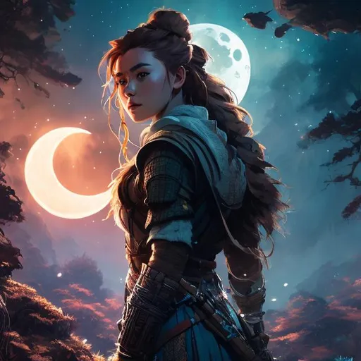 Prompt: full body , Aloy , portrait ,  night background with a moon , perfect composition, hyperrealistic, super detailed, 8k, high quality , illustration by Marc Simonetti, Carne Griffiths, Conrad Roset, Full HD render + immense detail + dramatic lighting + well lit + fine | ultra - detailed realism, full body art, lighting, high - quality, engraved, ((photorealistic)), ((hyperdetailed white eyes)) and beautiful hyperdetailed feminine attractive face and nose and big lips, perfect  red shy blush with smile, backlit, ((intricately hyperdetailed )) ,  hyperrealistic, sharp focus, glamour, volumetric studio lighting, triadic colors,  beauty, sensual feminine romance, professional, sensual feminine, perfect composition, unreal engine 8k octane