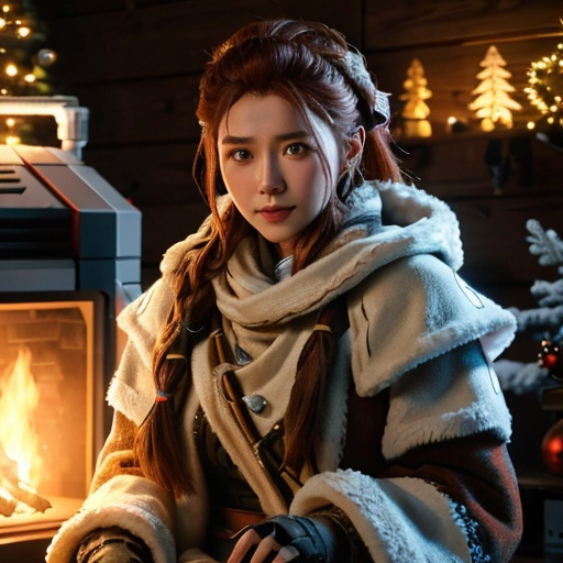 Prompt: warm christmas , aloy 
with monster robotic machines , horizon zero dawn , 600K UHD