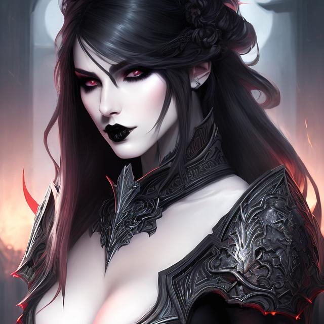 Prompt: women , hell, vampire ,  light armor with big cleavage ,ponytail white hair with black highlights, , golden iris , goth clothe , cape , moon, elbow on knees hands together, seatting on a the hell throne, parted bangs, ethereal, royal vibe, highly detailed, digital painting, Trending on artstation, Big Eyes, artgerm, highest quality stylized character concept masterpiece, award winning digital 3d oil painting art, hyper-realistic, intricate, 64k, UHD, HDR, image of a gorgeous, beautiful, dirty, highly detailed face, hyper-realistic facial features, perfect anatomy in perfect composition of professional, long shot, sharp focus photography, cinematic 3d volumetric