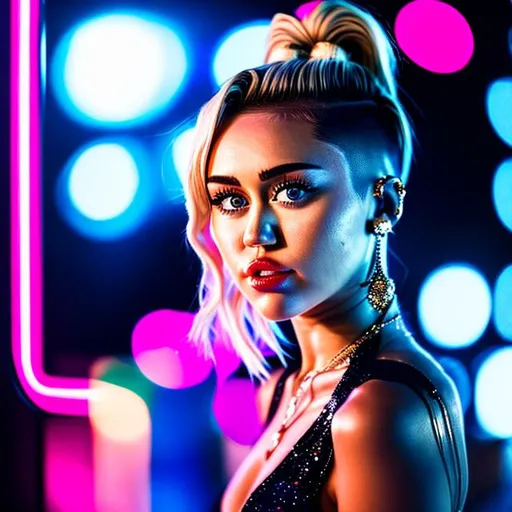 Prompt: Photo, portrait, very close up, 1 women , miley cyrus , crouching in a narrow street, illuminated by neon lights at night, in front of a night club, looking directly at the camera, low-angle shot, heavenly beauty, 8k, 50mm, f/1. 4, high detail, sharp focus, perfect anatomy, highly detailed, detailed and high quality background, oil painting, digital painting, Trending on artstation, UHD, 128K, quality, Big Eyes, artgerm, highest quality stylized character concept masterpiece, award winning digital 3d, hyper-realistic, intricate, 128K, UHD, HDR, image of a gorgeous, beautiful, dirty, highly detailed face, hyper-realistic facial features, cinematic 3D volumetric, illustration by Marc Simonetti, Carne Griffiths, Conrad Roset, 3D anime girl, Full HD render + immense detail + dramatic lighting + well lit + fine | ultra - detailed realism, full body art, lighting, high - quality, engraved |