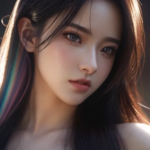 Prompt: A girl , 20 years old with rainbow hair , human , full body heavenly beauty, 128k, 50mm, f/1. 4, high detail, sharp focus, perfect anatomy, highly detailed, detailed and high quality background, oil painting, digital painting, Trending on artstation, UHD, 128K, quality, Big Eyes, artgerm, highest quality stylized character concept masterpiece, award winning digital 3d, hyper-realistic, intricate, 128K, UHD, HDR, image of a gorgeous, beautiful, dirty, highly detailed face, hyper-realistic facial features, cinematic 3D volumetric, illustration by Marc Simonetti, Carne Griffiths, Conrad Roset, 3D anime girl, Full HD render + immense detail + dramatic lighting + well lit + fine | ultra - detailed realism, full body art, lighting, high - quality, engraved, ((photorealistic)), ((hyperrealistic)), ((perfect eyes)), ((perfect skin)), ((perfect hair))