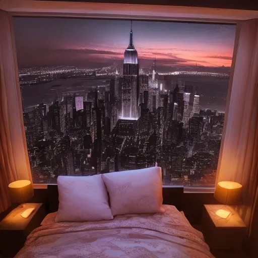Prompt: a luxury bedroom , neon ,windows with a view of New York at night ((view of empire state bulding))