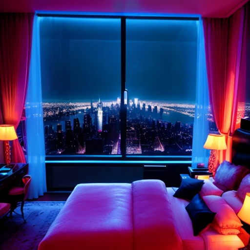 Prompt: a luxury bedroom , neon ,windows with a view of New York at night