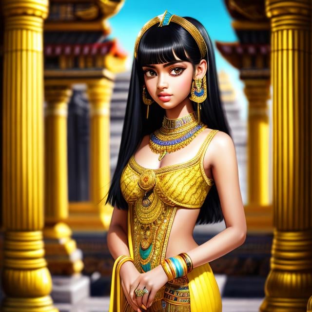 Prompt: Beautiful Cleopatra girl with dark skin black hair in a strait cut and big yellow eyes ,

Temple Architecture Backdrop background,

She wears a white dress


anime artwork with a realistic style, featuring detailed textures, lifelike shading, and accurate proportions,
 

16k, UHD, HDR10, 16K, ((Masterpiece)) , Absurdres,