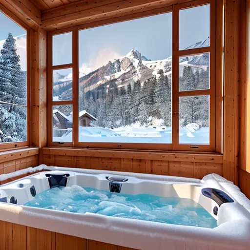 Prompt:  Capture a precise, professional-grade in the highest possible quality photography chalet with a jacuzzi interior fluffy cozy window with view of a snowy mountain  128K, UHD, HDR,