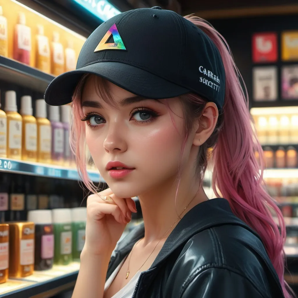 Prompt: Young woman, ponytail black with rainbow watercolor highlights mossy pink gold eyes, a baseball cap placed carelessly on her head ((K/DA)). She has her head resting on one hand. She has black makeup, with black kohl. She is behind the counter of a geek store. She seems to be deeply bored, her hand holds her head. Dark atmosphere, old shop. She has a badge with her name, "Lucy". Flawless text , parted bangs. 4D. 300k, 50mm, f/1.4, sharp focus, reflections, high-quality background , UHD, sharp focus, reflections, high-quality background illustration by Marc Simonetti Carne Griffiths, Conrad Roset, 3D anime girl, Full HD render + immense detail + dramatic lighting + well lit + fine | ultra - detailed realism, full body art, lighting, high - quality, engraved, ((photorealistic)), ((hyperrealistic)), ((perfect eyes)), ((perfect skin)), ((perfect hair)), ((perfect shadow)), ((perfect light)) 800k UHD 100mm. 4D. 300k, 50mm, f/1.4, sharp focus, reflections, high-quality background , UHD, sharp focus, reflections, high-quality background illustration by Marc Simonetti Carne Griffiths, Conrad Roset, 3D anime girl, Full HD render + immense detail + dramatic lighting + well lit + fine | ultra - detailed realism, full body art, lighting, high - quality, engraved, ((photorealistic)), ((hyperrealistic)), ((perfect eyes)), ((perfect skin)), ((perfect hair)), ((perfect shadow)), ((perfect light))