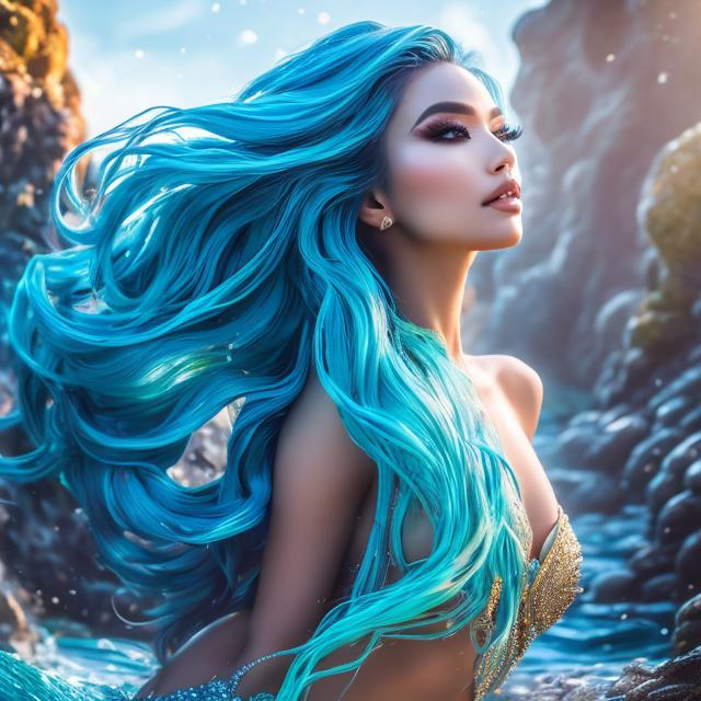 Prompt: 1 women mermaid , blue long hair , make-up  , swimwear , sea , beach , water with waves , portrait

heavenly beauty, 128k, 50mm, f/1. 4, high detail, sharp focus, perfect anatomy, highly detailed, detailed and high quality background, oil painting, digital painting, Trending on artstation, UHD, 128K, quality, Big Eyes, artgerm, highest quality stylized character concept masterpiece, award winning digital 3d, hyper-realistic, intricate, 128K, UHD, HDR, image of a gorgeous, beautiful, dirty, highly detailed face, hyper-realistic facial features, cinematic 3D volumetric, illustration by Marc Simonetti, Carne Griffiths, Conrad Roset, 3D anime girl, Full HD render + immense detail + dramatic lighting + well lit + fine | ultra - detailed realism, full body art, lighting, high - quality, engraved, ((photorealistic)), ((hyperrealistic)),  ((perfect eyes)), ((perfect skin)), ((perfect hair))