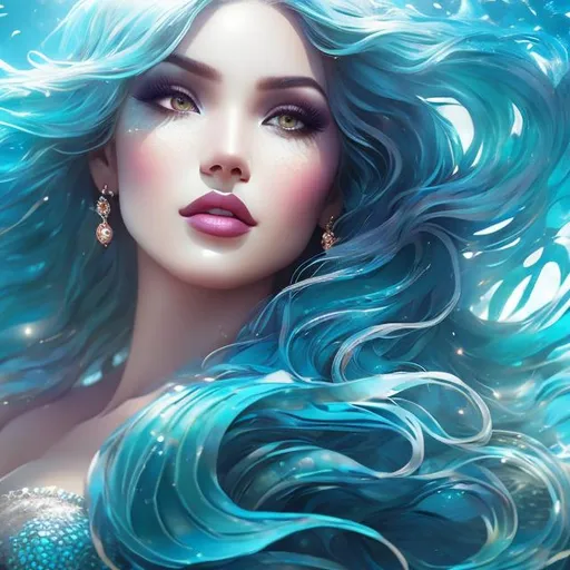 Prompt: 1 women mermaid , blue long hair , make-up  , swimwear , sea , beach , water with waves , portrait

heavenly beauty, 128k, 50mm, f/1. 4, high detail, sharp focus, perfect anatomy, highly detailed, detailed and high quality background, oil painting, digital painting, Trending on artstation, UHD, 128K, quality, Big Eyes, artgerm, highest quality stylized character concept masterpiece, award winning digital 3d, hyper-realistic, intricate, 128K, UHD, HDR, image of a gorgeous, beautiful, dirty, highly detailed face, hyper-realistic facial features, cinematic 3D volumetric, illustration by Marc Simonetti, Carne Griffiths, Conrad Roset, 3D anime girl, Full HD render + immense detail + dramatic lighting + well lit + fine | ultra - detailed realism, full body art, lighting, high - quality, engraved, ((photorealistic)), ((hyperrealistic)),  ((perfect eyes)), ((perfect skin)), ((perfect hair))