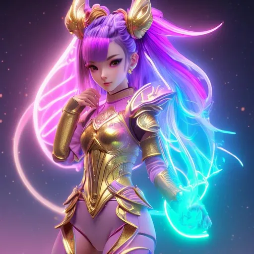 Prompt: women , light armor with big cleavage , lemon ponytail hair , gold  eye  , holographic outfit
, kitsune holographic tail , she as vivid hair

vaporwave aesthetic digital painting with neon purple lighting of a girl with very short pink hair , serious, wet hair, slim, fit, hdr, uhd, 8k, highly detailed, professional, vivid colors, punk rockmajestic , exuberant, on a beach, realistic, detailed, high fantasy, concept art, lush, vibrant, freckles. Galaxy Space. little girls at a party.
