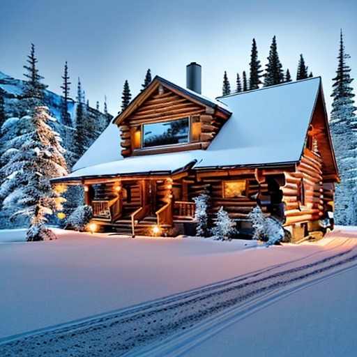 Prompt:  Capture a precise, professional-grade in the highest possible quality photography Beautiful Alaskan Snowy Mountain Creation forest fir two-story log cabin style cabin from pioneer log home forest animals  128K, UHD, HDR,