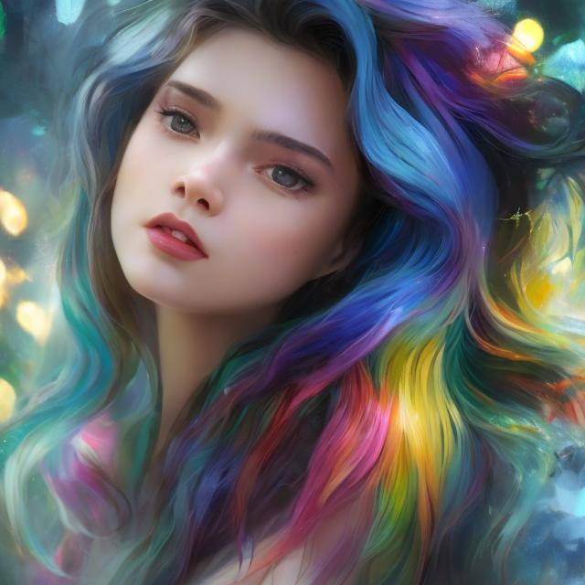 Prompt: A girl with rainbow  hair , human  , portrait

heavenly beauty, 128k, 50mm, f/1. 4, high detail, sharp focus, perfect anatomy, highly detailed, detailed and high quality background, oil painting, digital painting, Trending on artstation, UHD, 128K, quality, Big Eyes, artgerm, highest quality stylized character concept masterpiece, award winning digital 3d, hyper-realistic, intricate, 128K, UHD, HDR, image of a gorgeous, beautiful, dirty, highly detailed face, hyper-realistic facial features, cinematic 3D volumetric, illustration by Marc Simonetti, Carne Griffiths, Conrad Roset, 3D anime girl, Full HD render + immense detail + dramatic lighting + well lit + fine | ultra - detailed realism, full body art, lighting, high - quality, engraved, ((photorealistic)), ((hyperrealistic)), ((perfect eyes)), ((perfect skin)), ((perfect hair))