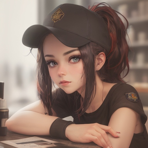 Prompt: Young woman, ponytail black with 
red highlights mossy goldy eyes, a baseball cap placed carelessly on her head. She has her head resting on one hand. She has black makeup, with black kohl. She is behind the counter of a geek store. She seems to be deeply bored, her hand holds her head. Dark atmosphere, old shop. She has a badge with her name, "Lucy". Flawless text. 4D. 300k, 50mm, f/1.4, sharp focus, reflections, high-quality background , UHD, sharp focus, reflections, high-quality background
illustration by Marc Simonetti Carne Griffiths, Conrad Roset, 3D anime girl, Full HD render + immense detail + dramatic lighting + well lit + fine | ultra - detailed realism, full body art, lighting, high - quality, engraved, ((photorealistic)), ((hyperrealistic)), ((perfect eyes)), ((perfect skin)), ((perfect hair)), ((perfect shadow)), ((perfect light))