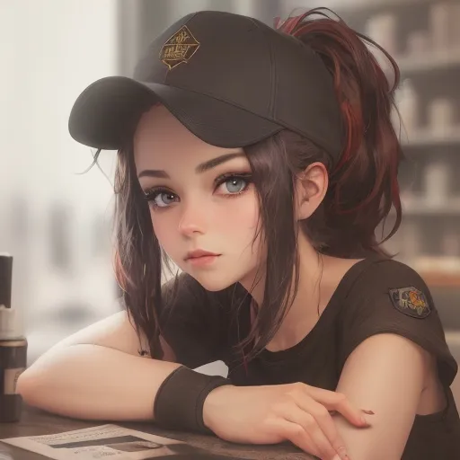 Prompt: Young woman, ponytail black with 
red highlights mossy goldy eyes, a baseball cap placed carelessly on her head. She has her head resting on one hand. She has black makeup, with black kohl. She is behind the counter of a geek store. She seems to be deeply bored, her hand holds her head. Dark atmosphere, old shop. She has a badge with her name, "Lucy". Flawless text. 4D. 300k, 50mm, f/1.4, sharp focus, reflections, high-quality background , UHD, sharp focus, reflections, high-quality background
illustration by Marc Simonetti Carne Griffiths, Conrad Roset, 3D anime girl, Full HD render + immense detail + dramatic lighting + well lit + fine | ultra - detailed realism, full body art, lighting, high - quality, engraved, ((photorealistic)), ((hyperrealistic)), ((perfect eyes)), ((perfect skin)), ((perfect hair)), ((perfect shadow)), ((perfect light))