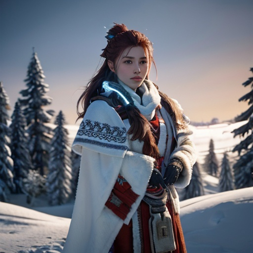 Prompt: warm christmas , aloy 
with robotic machines , horizon zero dawn , 600K UHD